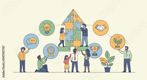 Teamwork and collaboration concept with people assembling puzzle pieces and growing plants.