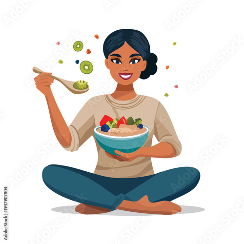 Happy and healthy young woman enjoying a nutritious bowl of oatmeal with fresh berries and kiwi, promoting a wholesome breakfast and positive lifestyle choices