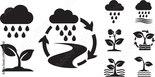 Plant growth stages with rain and clouds icons