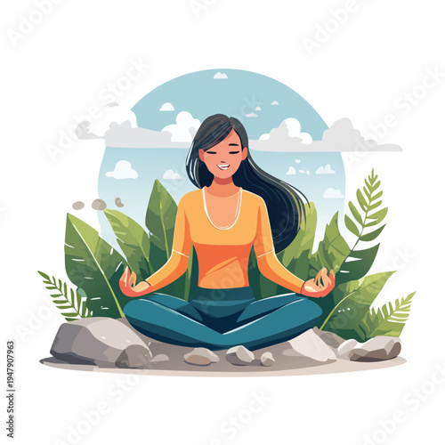An illustration of a serene individual finding inner calm and spiritual balance through peaceful meditation, embracing mindfulness in a tranquil natural setting