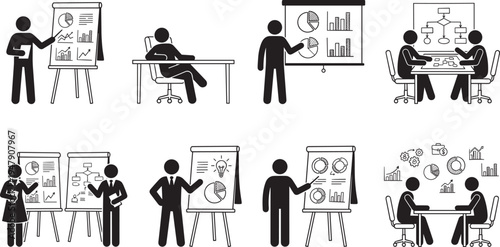 Business presentation silhouettes set, office meeting teamwork strategy planning charts graphs training corporate communication icons