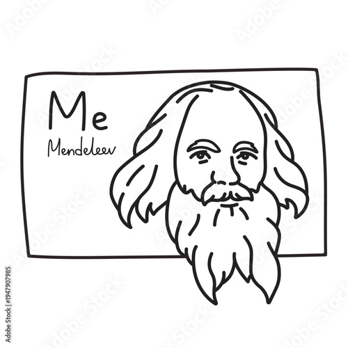 Vector hand drawn portrait of famous chemistry scientist Dmitri Mendeleev in periodic table of elements. Black line illustration of the head of Russian genius chemist with humor