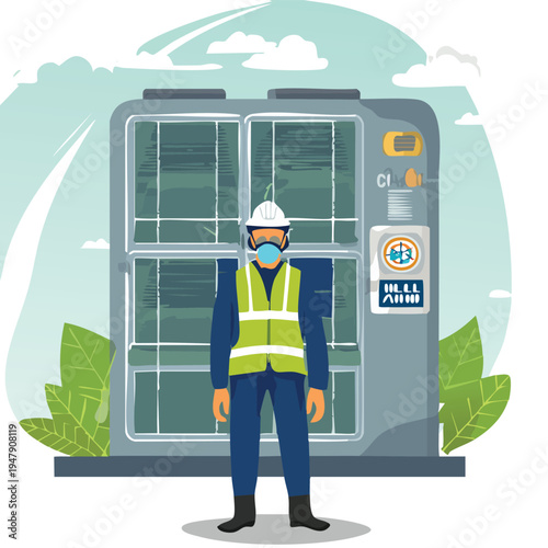 HVAC technician in hard hat, face mask, and safety overalls stands by a large outdoor commercial air conditioning unit, ready for maintenance