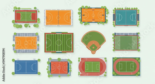 Diverse Sports Fields - Aerial View of Various Game Courts.