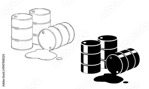  Oil Barrel Drum Spilling Liquid Set in Outline and Black Solid Style — Industrial Petroleum Container Illustration for Energy, Fuel, Environmental, and Hazard Concept Design Projects