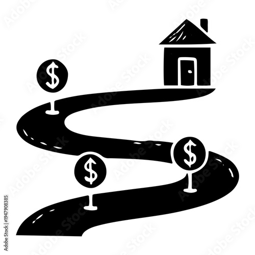 A hand-drawn illustration of a personal finance road to a house with dollar signs.