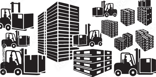 Forklifts and Pallets in a Warehouse Setting Illustration