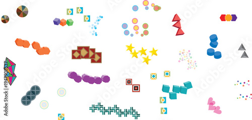 A vibrant and dynamic array of colorful abstract geometric shapes, scattered and arranged creatively to form a modern and playful visual design background