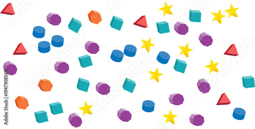 Abstract pattern of colorful geometric shapes scattered randomly across a white background, representing diversity and playful elements in design and educational concepts