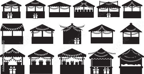 Black and white illustration of festive market stalls