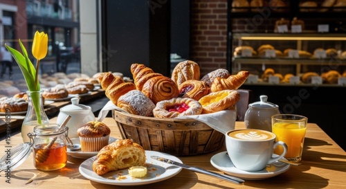 A wooden table with a basket of freshly baked pastries, including croissants, muffins, 