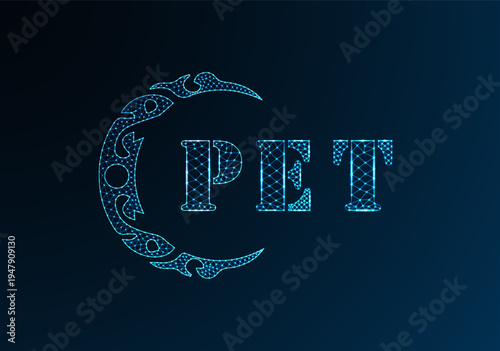 Low poly letter logo PET design. PET letter logo low poly vector design on blue color gradient background. PET logo low poly design
