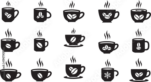 Black and white coffee cup icons with steam rising