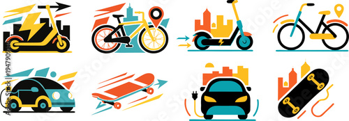 A set of colorful vector icons depicting various modes of transportation in a modern city
