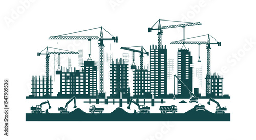 Industrial City Building Construction Site Silhouette with Cranes Excavators and Heavy Machinery