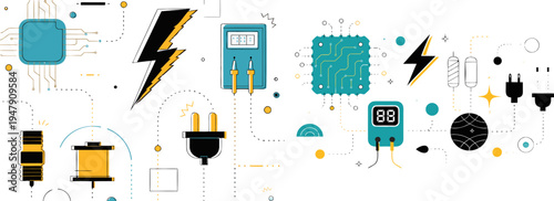 A vector graphic illustration of various electronic components and symbols on a white background