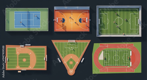 Overhead View of Various Sports Fields and Courts Illustrations.