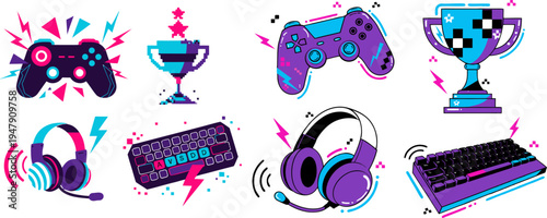 A colorful vector graphic illustration of gaming icons and accessories in a neon style