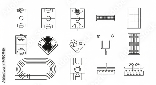 Collection of Various Sports Field and Court Layouts in Black and White.
