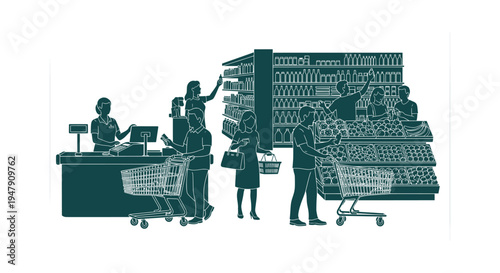 Vector Illustration of People Shopping at a Supermarket with Grocery Carts and Checkout Counter