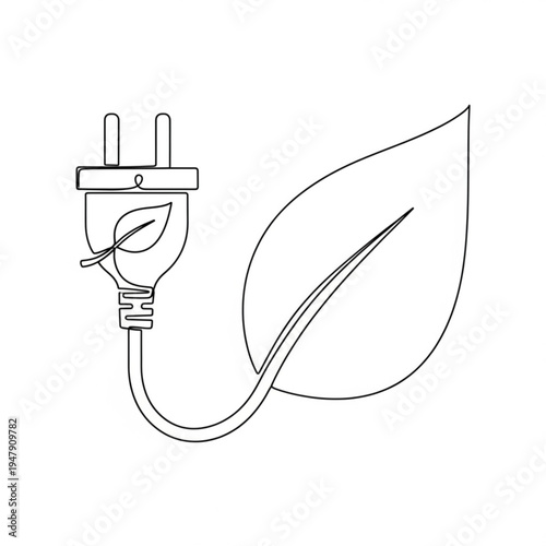 A minimalist line art illustration of an electrical plug with a leaf growing out of it, symbolizing eco-friendly energy and sustainability