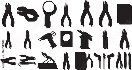 Garage hand tool kit: hammer, screwdriver, wrench, pliers, hand saw, drill, tape measure, level, clamp, toolbox, workbench, ladder