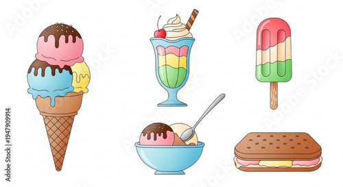 A colorful vector illustration of various ice cream treats and a sandwich on a white background