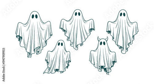 Set of Hand Drawn Sketched Ghosts Illustrations for Halloween Party Decor and Spooky Graphic Design