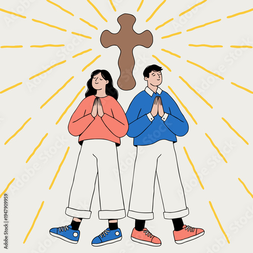 Two people standing back-to-back with hands pressed together in a prayer gesture. Above them is a cross radiating golden light, symbolizing faith and divine presence. The overall mood conveys unity.