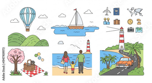 A colorful vector graphic illustration of various travel and vacation icons and scenes