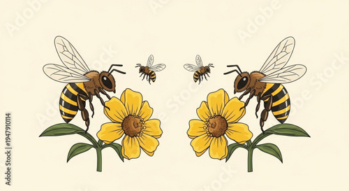 A colorful illustration of bees flying around and pollinating bright yellow flowers in a minimalist design style