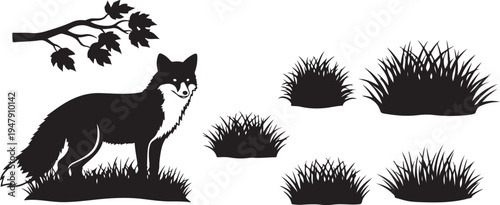 Black Cat Silhouette with Grass and Tree Branch
