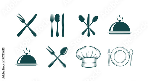 Restaurant icons with cutlery, fork, knife, spoon, chef hat and food cloche for catering menu design