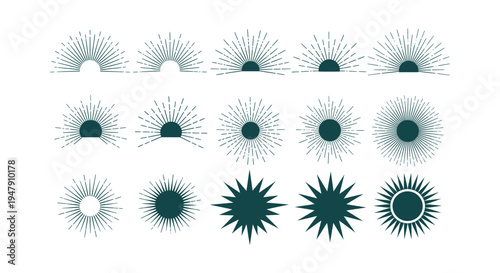 Vintage Sun and Sunburst Vector Graphics Set for Minimalist Branding and Celestial Illustrations