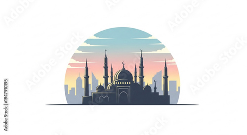 A minimalist vector illustration of a mosque silhouette against a vibrant sunset city skyline