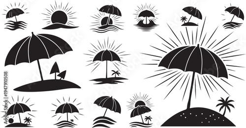 Black and white beach umbrella sun icons set