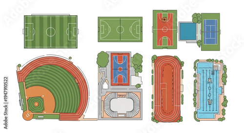 Aerial View of Various Sports Fields and Stadiums.