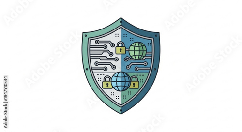 A vector graphic illustration of a shield with locks and circuit boards representing cybersecurity and protection