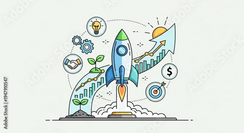 A colorful vector graphic illustration of a rocket ship launching with various business and growth symbols surrounding it.