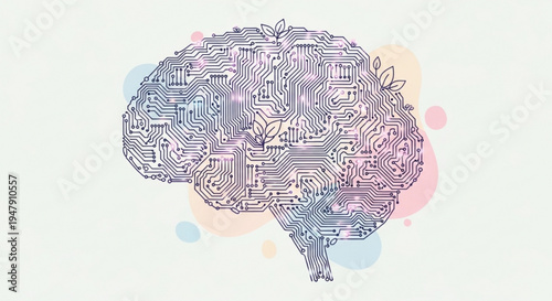 A vector graphic illustration of a brain made of circuit boards with a subtle pastel color background