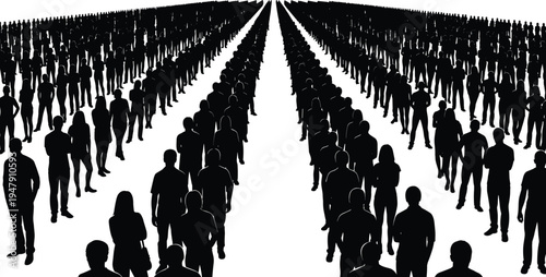 Crowd silhouette clipart, human formation vector, standing people icons, black posture graphics, social gathering design, population illustration set