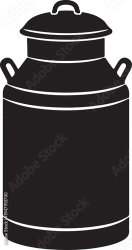A black and white image of a milk can