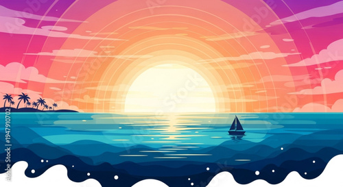 A vibrant vector graphic illustration of a serene tropical sunset with a sailboat on calm waters