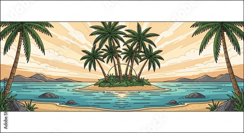 A serene tropical island with palm trees and a sandy beach at sunset