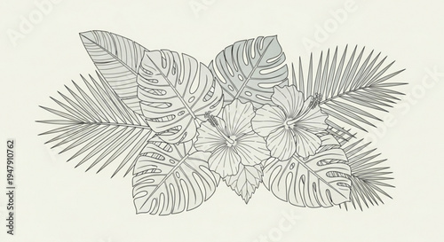 A minimalist line art illustration of tropical leaves and flowers in a simple design