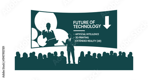 Future Technology Conference Presentation Vector with Speaker Audience and AI XR 3D Printing Text