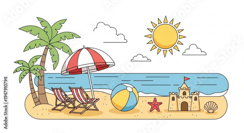 A colorful vector illustration of a serene beach scene with palm trees, lounge chairs, and a sandcastle