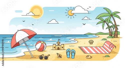 A colorful beach scene with a sandcastle, umbrella, and palm trees in a flat, minimalist vector illustration style.
