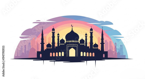 A colorful vector illustration of a mosque silhouette at sunset with a vibrant sky