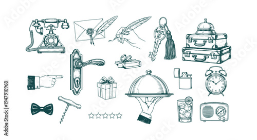 Antique Hotel Service and Travel Elements Hand Drawn Sketch Set with Luggage Key and Rotary Phone